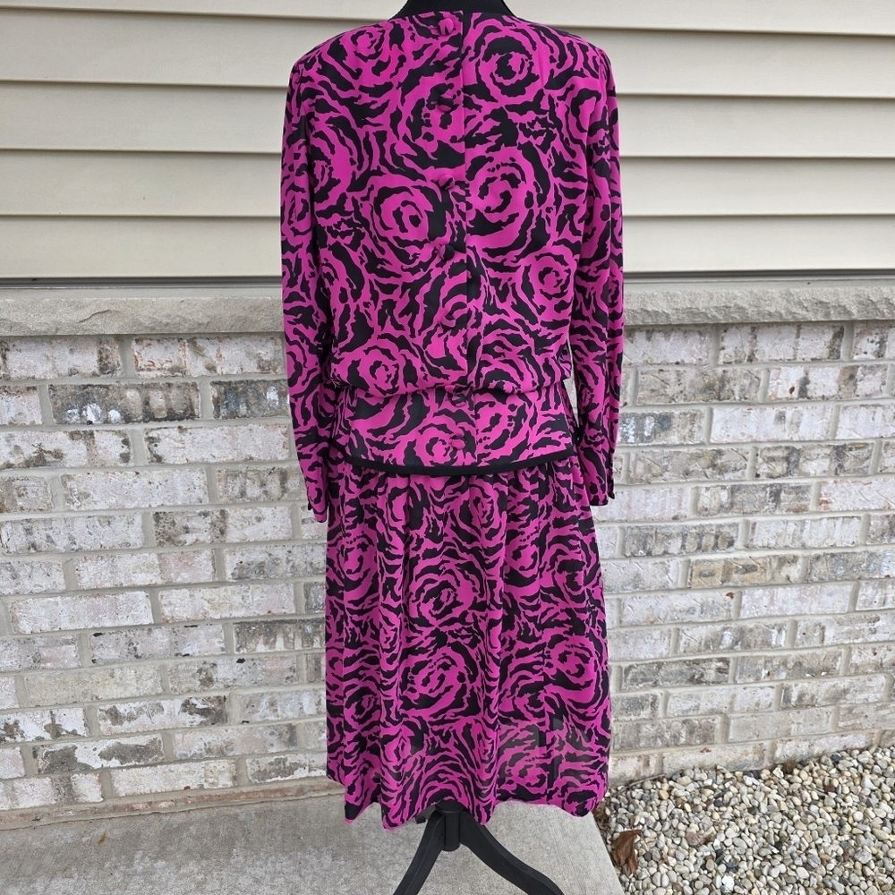 Vintage 80s R&K Originals Pink Rose Print Peplum Dress - Picture 5 of 14